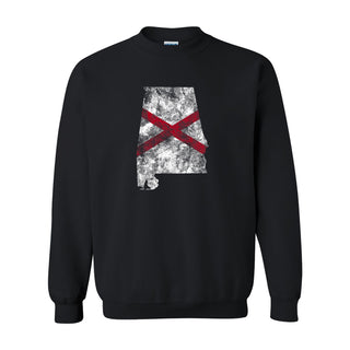 Alabama Distressed State Flag Outline Crewneck Sweatshirt - Black