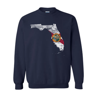 Florida Distressed State Flag Outline Crewneck Sweatshirt - Navy