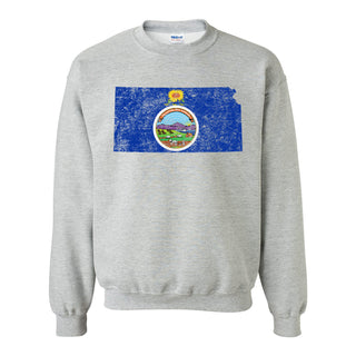 Kansas Distressed State Flag Outline Crewneck Sweatshirt - Sport Grey