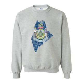 Maine Distressed State Flag Outline Crewneck Sweatshirt - Sport Grey