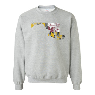 Maryland Distressed State Flag Outline Crewneck Sweatshirt - Sport Grey