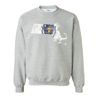 Massachusetts Distressed State Flag Outline Crewneck Sweatshirt - Sport Grey