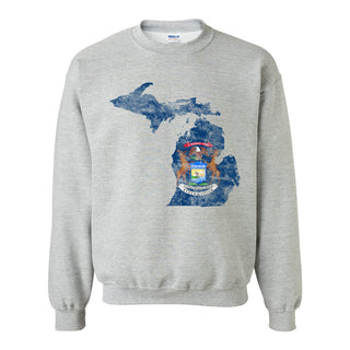 Michigan Distressed State Flag Outline Crewneck Sweatshirt - Sport Grey