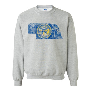 Nebraska Distressed State Flag Outline Crewneck Sweatshirt - Sport Grey