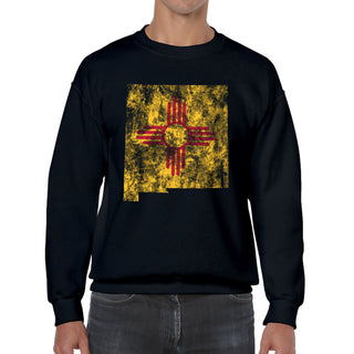 New Mexico Distressed State Flag Outline Crewneck Sweatshirt - Black