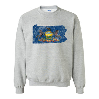 Pennsylvania Distressed State Flag Outline Crewneck Sweatshirt - Sport Grey