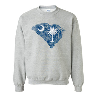 South Carolina Distressed State Flag Outline Crewneck Sweatshirt - Sport Grey
