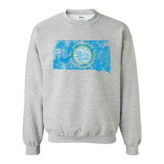 South Dakota Distressed State Flag Outline Crewneck Sweatshirt - Sport Grey
