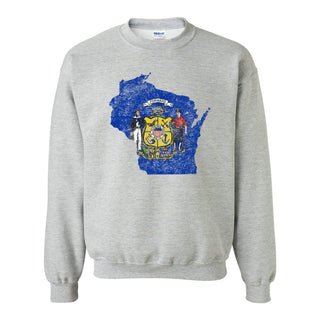 Wisconsin Distressed State Flag Outline Crewneck Sweatshirt - Sport Grey