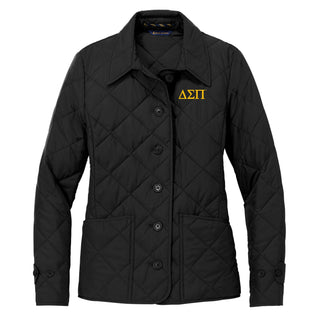 Delta Sigma Pi Greek Letter Block LC Brooks Brothers Women's Quilted Jacket - Deep Black