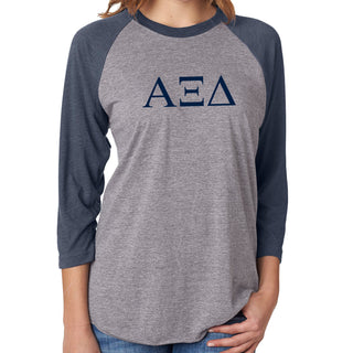 Alpha Xi Delta Greek Letter Block Raglan 3/4 Sleeve - Prem Htr / Vtg Navy
