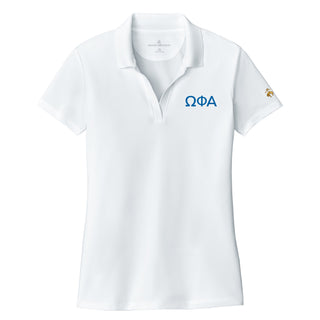Omega Phi Alpha Greek Letter Block LC Brooks Brothers Women’s Mesh Pique Performance Polo - White