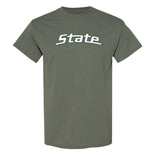 MSU State Wordmark Outline T-Shirt - Heather Military