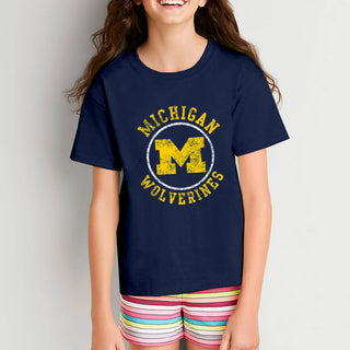 Michigan Distressed Circle Logo Youth T-Shirt - Navy