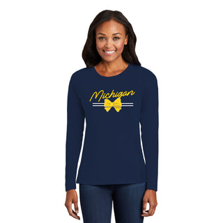 Michigan Bow Script Womens Long Sleeve - Navy