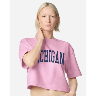 Michigan Enmeshed Mega Arch Women's French Terry Mid-Length Boxy Top - Powder Pink