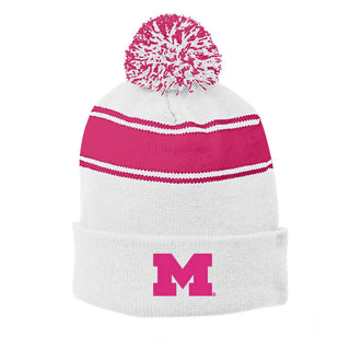 UGP Michigan Primary Logo Stripe Pom Pom Beanie - White/Pink Raspberry