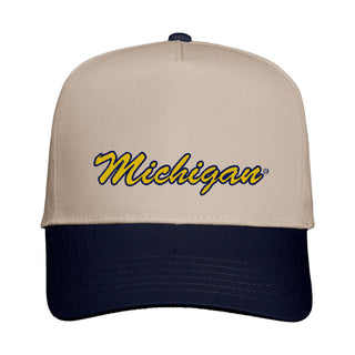 Michigan Script Wordmark Five-Panel Twill Cap - Khaki/Navy